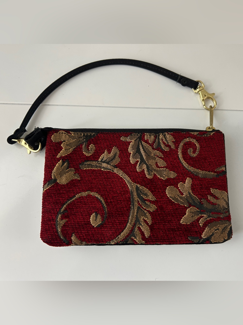 Danny K Tapestry Trio Wristlet Pouch Red Gold Baroque Floral Scroll Made in USA - Picture 2 of 6